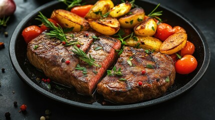 Deliciously Cooked Steak Served with Fresh Garnish on a Table