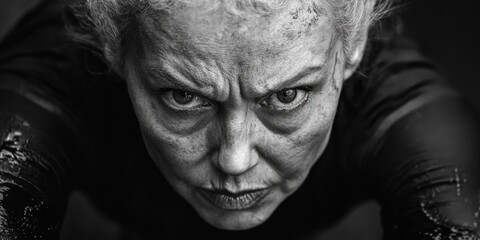 Fototapeta premium Intense expression and unwavering determination captured in a dramatic, monochrome portrait of a powerful woman