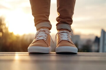 A person's shoes stand on the pavement at sunrise, signifying new beginnings and the metaphorical journey of life, captured in the early morning golden light.