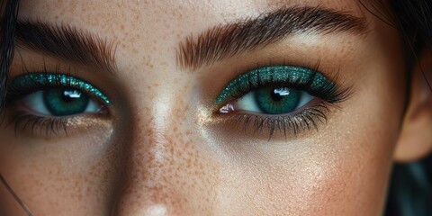 Fototapeta premium Striking close-up of captivating green eyes showcasing vibrant makeup and natural beauty