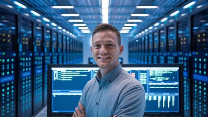Fototapeta premium a confident professional in a data center surrounded by servers, representing cloud computing and technology management 