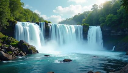 Fototapeta premium Majestic waterfall cascading down rocky cliffs surrounded by lush green forest under a bright sky.