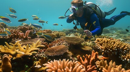 Full focus a scuba diving man amidst vibrant corals and beautiful fishes in a coral reef capturing marine biodiversity colorful fish and the underwater scenery of a pristine dive site