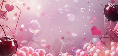 Gradient from pink to dark cherry, pearl cherry pearls, pink glitter, flying bubbles, a cherry geometric frame, and pink paper hearts