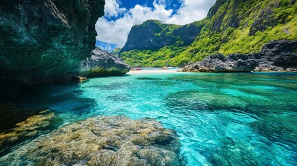 Obraz premium Secluded tropical beach cove with crystal-clear turquoise water, rocky formations, and lush green hills under a sunny sky.