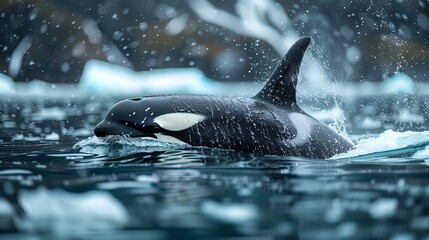 Obraz premium Orcas in the ocean swimming between small icebergs