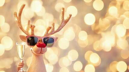 Festive Reindeer wearing sunglasses holds a glass of champagne Cheers to the Holidays Happy New Year, set against a glowing golden bokeh background