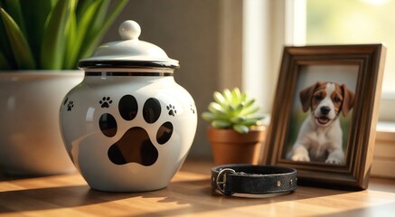 White pet urn with paw prints and black collar next to a framed dog photo. Concept for pet memorial, loss, and remembrance in pet cremation