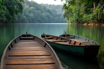 Obraz premium Two wooden boats float peacefully moored on a calm green lake, surrounded by lush forest, inviting serenity and reflection in a natural, undisturbed setting.