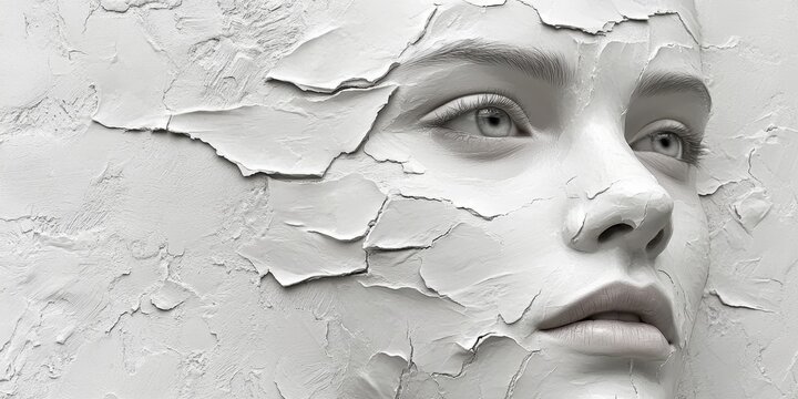 Intricate textures of a serene face emerging from a cracked surface in a surreal artistic portrayal of beauty and vulnerability - Powered by Adobe