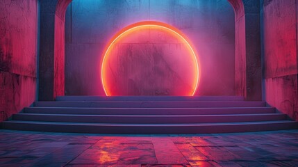 Glowing neon circle in a dark, stone archway with steps.