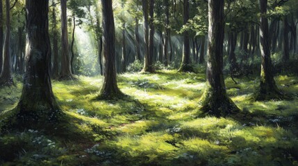 Obraz premium Serene Sunlit Forest with Lush Greenery