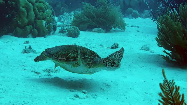 Green sea turtle swimming over coral in Barracuda Point
