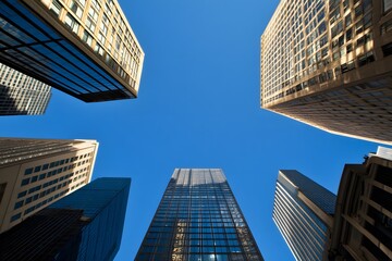 Obraz premium Looking up at skyscrapers against a vibrant blue sky. A stunning display of modern architecture.