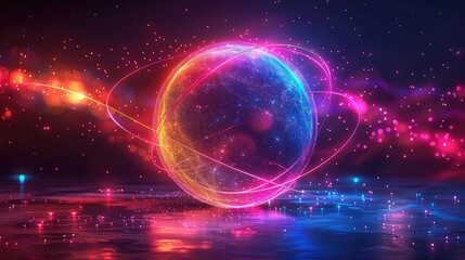 Obraz premium Glowing orb with energy trails and particles, reflecting on a dark surface.