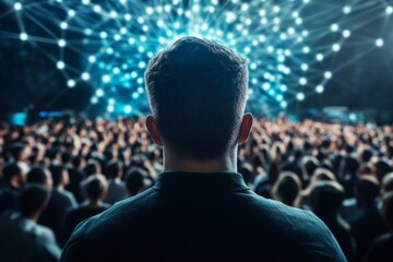 A person is seen from behind standing in a lively concert setting, facing a vibrant crowd and...