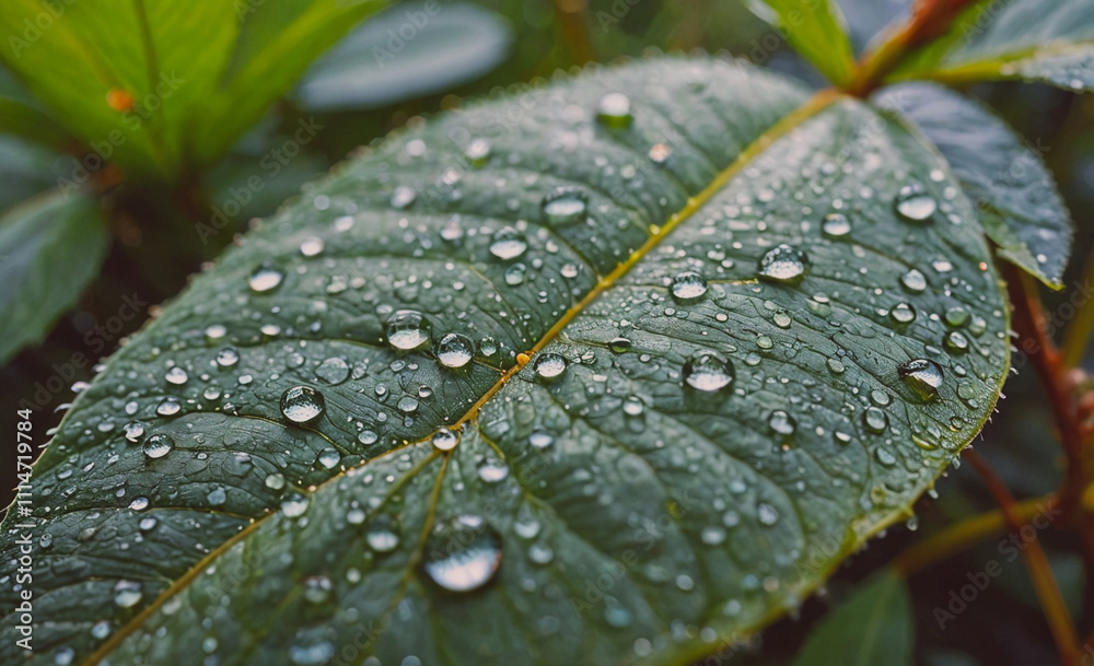 Poster leaf with water droplets on it. the droplets are small and scattered. the leaf is green and has a st