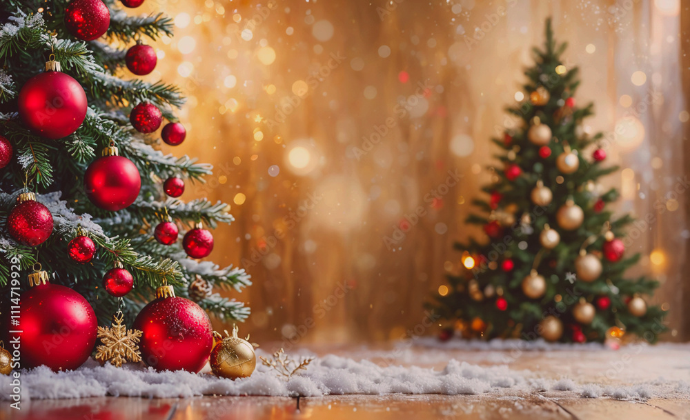 Poster red and gold christmas tree with many red and gold ornaments. there are two trees, one on the left a