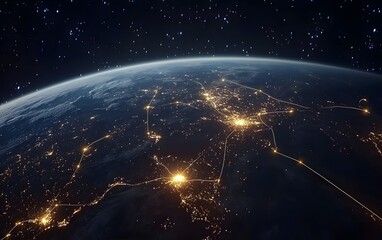 Obraz premium Earth at night, showcasing a mesmerizing display of city lights and constellations across the dark expanse of space.