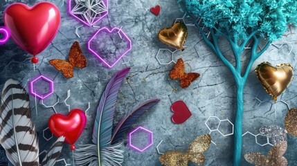 Grey marble texture, neon violet hexagons, oak lattice, turquoise-blue tree, red heart balloons, assorted feathers, gold glitter butterflies, sparkling dust
