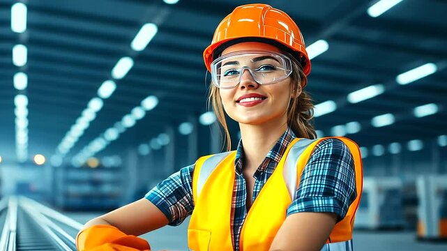 A cheerful female warehouse worker in a reflective vest and gloves, standing by a conveyor belt, symbolizing professionalism and enthusiasm in logistics.