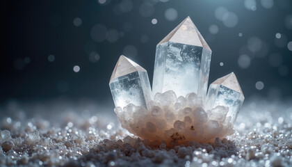 Obraz premium Three clear quartz crystals standing out among smaller crystals.