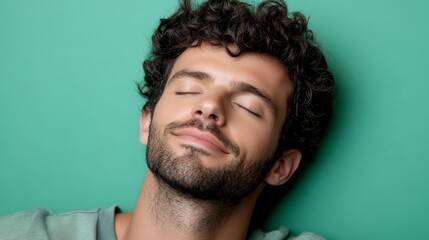 Fototapeta premium Serene Man Close-up Portrait, Teal Background, Peaceful Expression