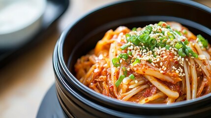 Spicy Kimchi Noodles Close-up Composition in Black Bowl with Sesame Seeds and Green Onions