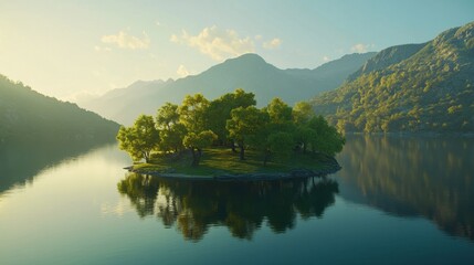 Fototapeta premium Serene Island Reflection in a Tranquil Lake
