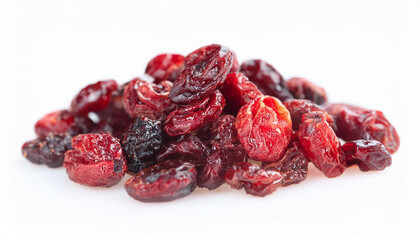 Heap of dried cranberries isolated on white backdrop. Sweet snack. Organic and delicious. Tasty food.