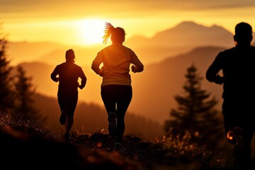 Fototapeta premium Three friends energetically run along a mountainside trail, silhouetted by the brilliant sunset, embodying vitality, freedom, and a shared passion for the outdoors.