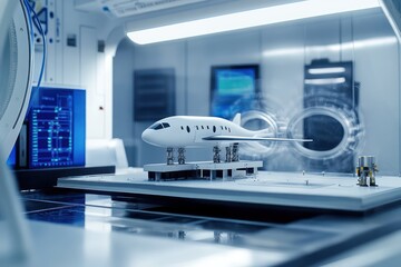 Aeronautical engineering lab with scale model wind tunnel tests and airflow sensors, high-tech and detailed,