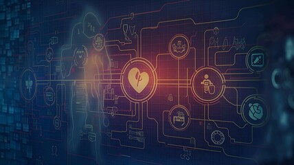 Naklejka premium digital interface showing human organs and network systems, representing advancements in medical technology, diagnostics, and healthcare innovations