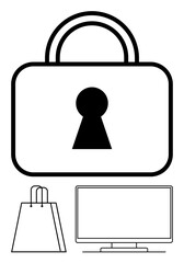 Large lock with keyhole representing security, shopping bag symbolizing e-commerce, and computer monitor for online activities. Ideal for cybersecurity, online shopping security, data protection