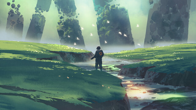 Fototapeta A futuristic soldier stands on an alien planet surrounded by floating rocks, in a surreal sci-fi landscape under a dramatic sky, digital art style, illustration painting