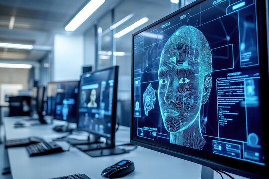 Biometric security development lab with facial recognition software and fingerprint scanners, secure and advanced,
