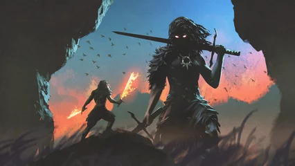 Fototapete A Viking wielding twin fiery swords confronts a towering giant warrior under a burning sky, set in an epic fantasy scene, digital art style, illustration painting © grandfailure