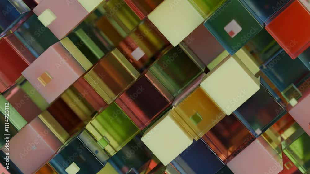 Poster abstract 3d animation of an array of cubes of different colors, made of glass and plastic. cubes in 