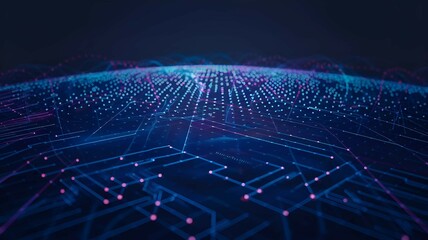 Naklejka premium wide view of a glowing circuit board with neon blue and purple lights showcasing advanced technology and futuristic digital networks