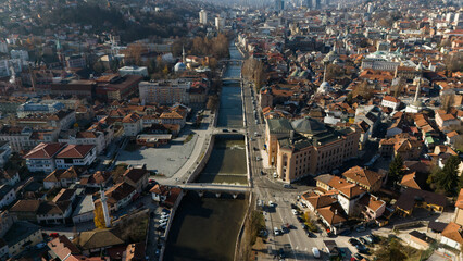 arieal view of Sarajevo and river Miljacka near Town hall Vijecnica 