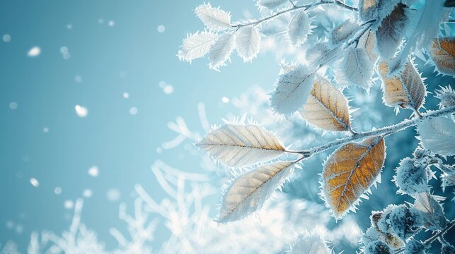 Beautiful close up view of delicate winter frost crystals and ice formations covering frozen leaves and tree branches in a snowy landscape scene  Icy