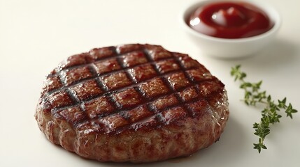 A grilled meat patty served with ketchup and a sprig of thyme on a white background.