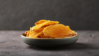 Dried mango slices in small ceramic plate. Sweet snack. Organic and delicious. Tasty food. Close-up.