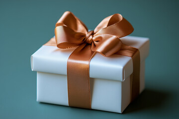 Obraz premium A neat gift box wrapped in white paper and tied with a gold ribbon on a plain background.