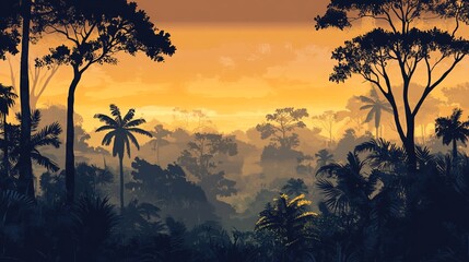 Naklejka premium Silhouetted rainforest trees at sunset, misty valley landscape.