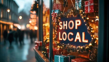 Christmas themed shop window featuring Shop Local sign with festive lights and holiday decor, promoting small business support. Shopping, sale, retail, promotion concept