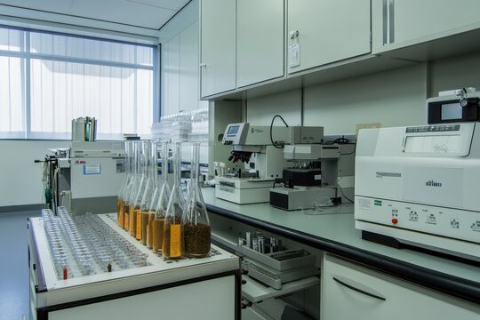 Geotechnical lab with soil testing equipment and core sample analyzers, technical and precise,
