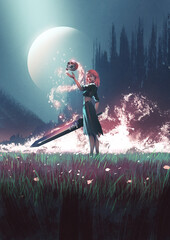 A fierce warrior woman in dark fantasy armor wields a massive sword infused with magic, exuding an ominous and evil presence, digital art style, illustration painting © grandfailure