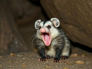 Obraz premium A baby raccoon is standing on the ground with its mouth open