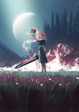 Fototapeta A fierce warrior woman in dark fantasy armor wields a massive sword infused with magic, exuding an ominous and evil presence, digital art style, illustration painting